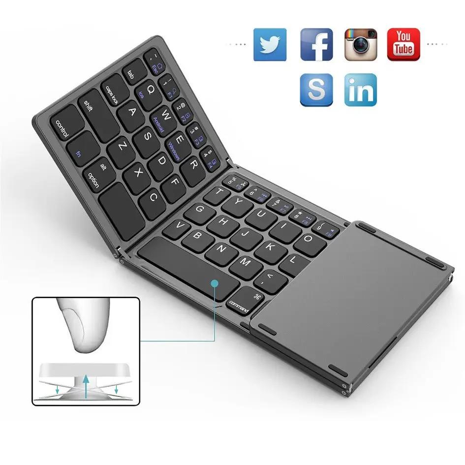 Mini teclado Bluetooth inalámbrico de tres pliegues, teclado recargable BO33 plegable inalámbrico Bluetooth con panel táctil