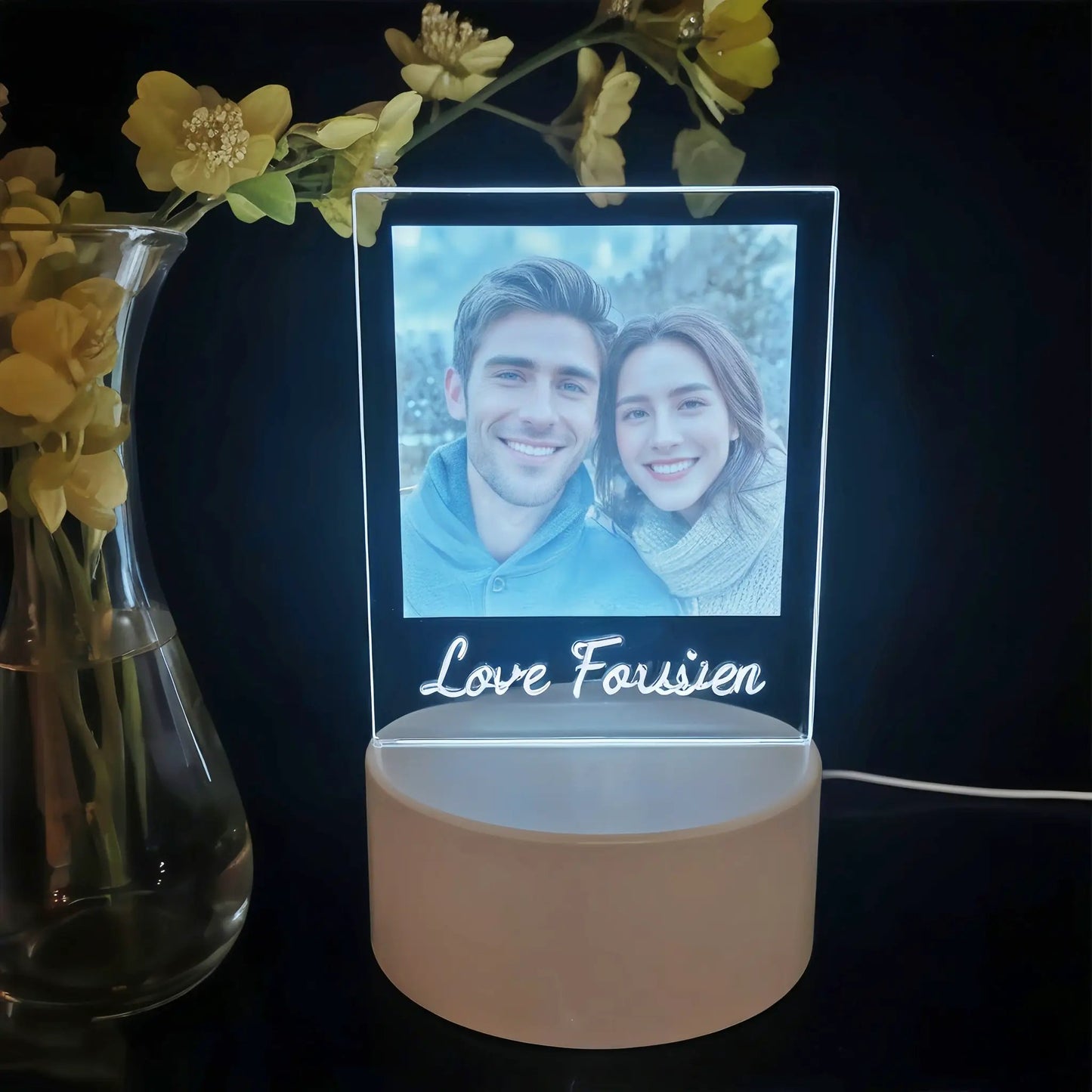 Photo LED night light by Moktan Sabai with edge-lit acrylic frame and couple portrait on Tampa Home & Garden Store