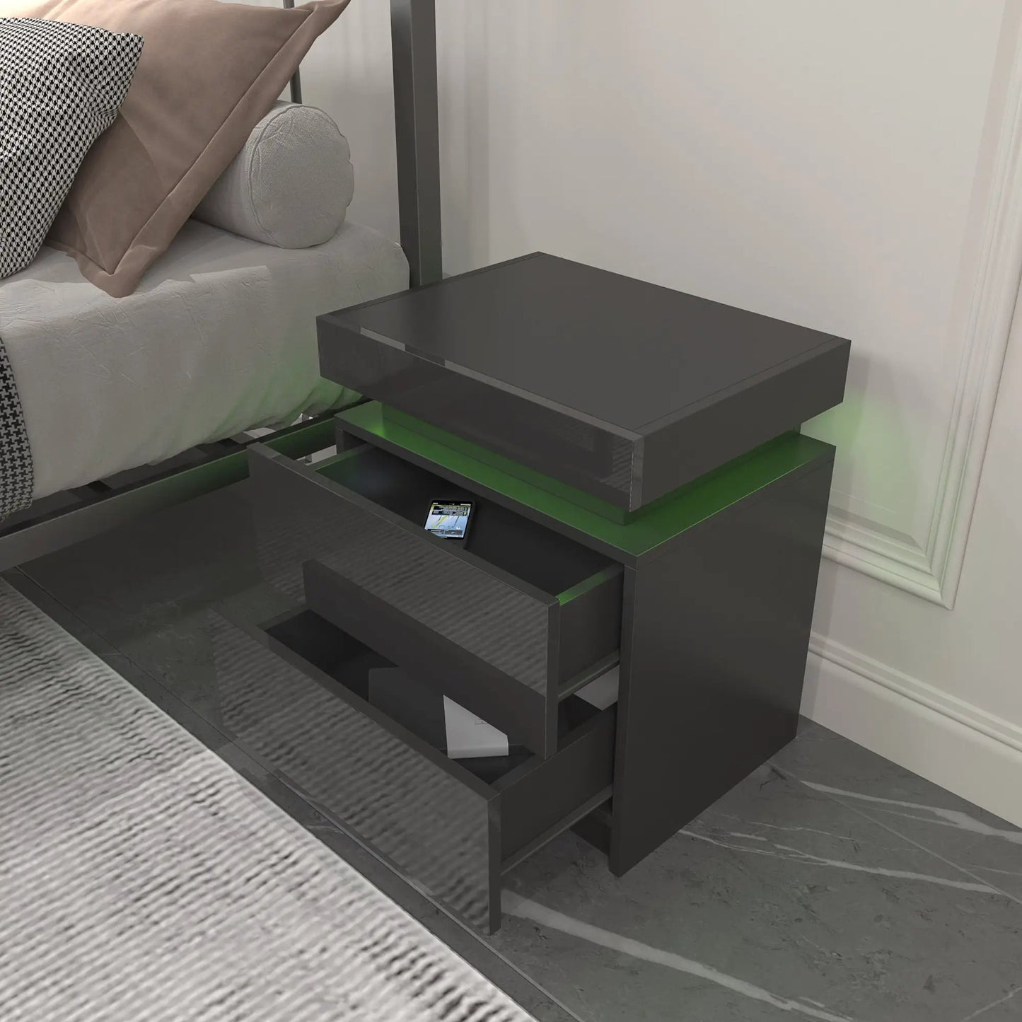 Modern Black LED Nightstand with Drawers