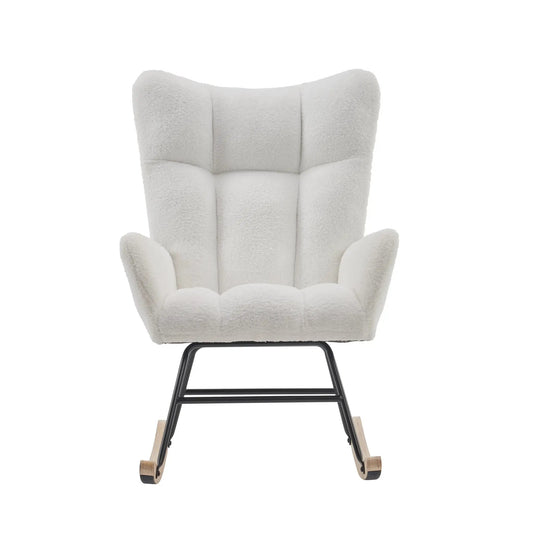 Rocking Chair Nursery with Teddy Fabric in light beige with black metal frame and wood rockers on Tampa Home & Garden Store