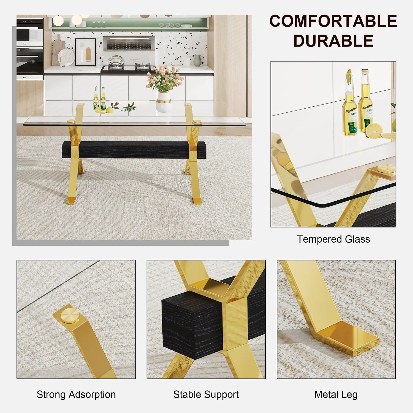 Modern Tempered Glass Dining Table with Gold Legs