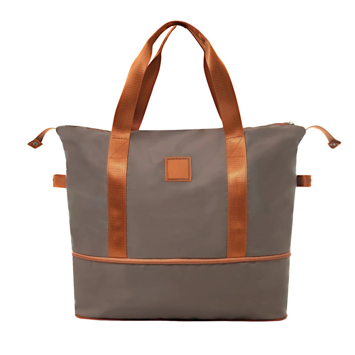 Travel tote bag in taupe with coppery orange straps and logo patch on Tampa Home & Garden Store on Tampa Home & Garden Store