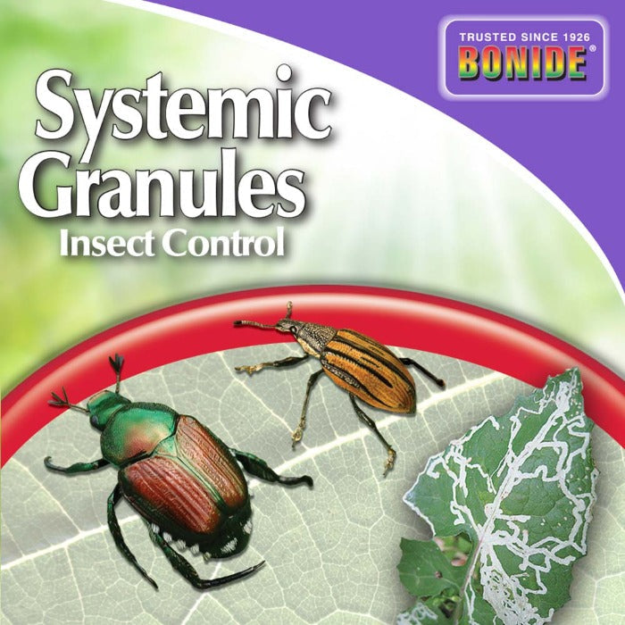 Bonide Systemic Granules insect control packaging with two beetles on a leaf for gardening on Tampa Home & Garden Store