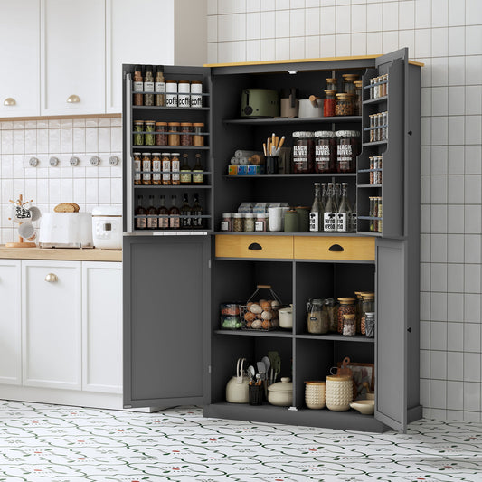 TOPMAX Large Freestanding Kitchen Pantry Cabinet by HouseOfZazla grey with open shelves and spice racks on Tampa Home & Garden Store