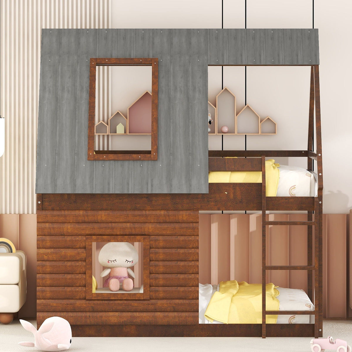 HouseOfZazla Twin Size House Bunk Bed with Roof and Ladder, Oak & Smoky Gray, 2 Windows on Tampa Home & Garden Store