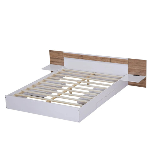 Queen size platform bed with wood veneer headboard and white frame slatted base on Tampa Home & Garden Store