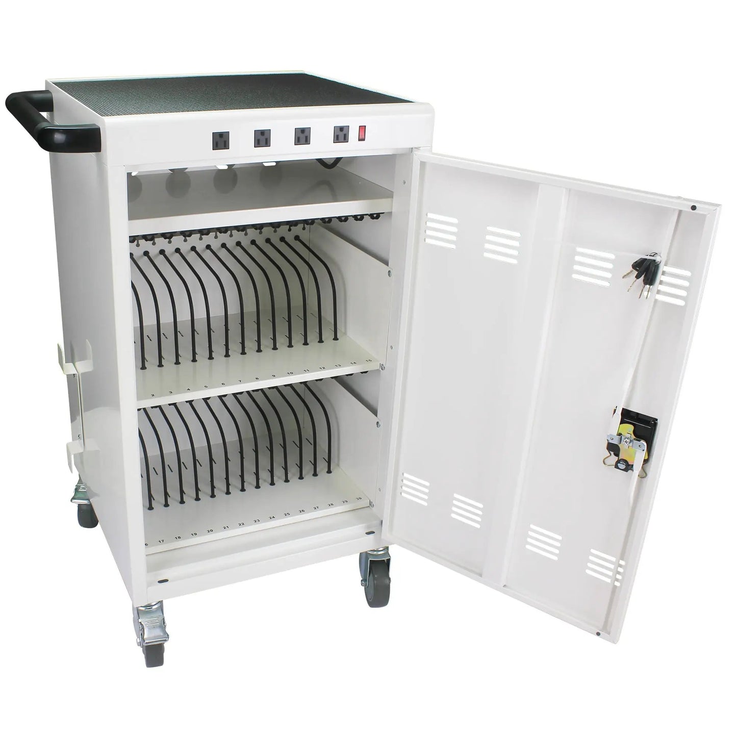 Mobile charging cart for tablets, white metal cabinet with built-in outlets and device racks on Tampa Home & Garden Store