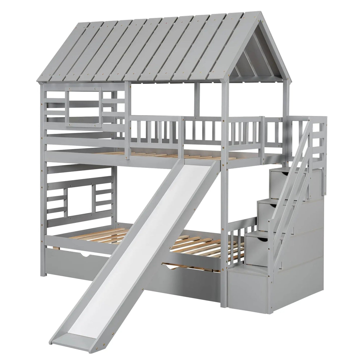 Twin over Twin House Bunk Bed with Slide in gray playhouse roof design and built-in ladder on Tampa Home & Garden Store