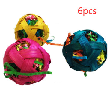 Natural Bamboo Woven Toy Ball Feeding Foraging Toy, 3 colorful bird toy balls with ribbons on Tampa Home & Garden Store