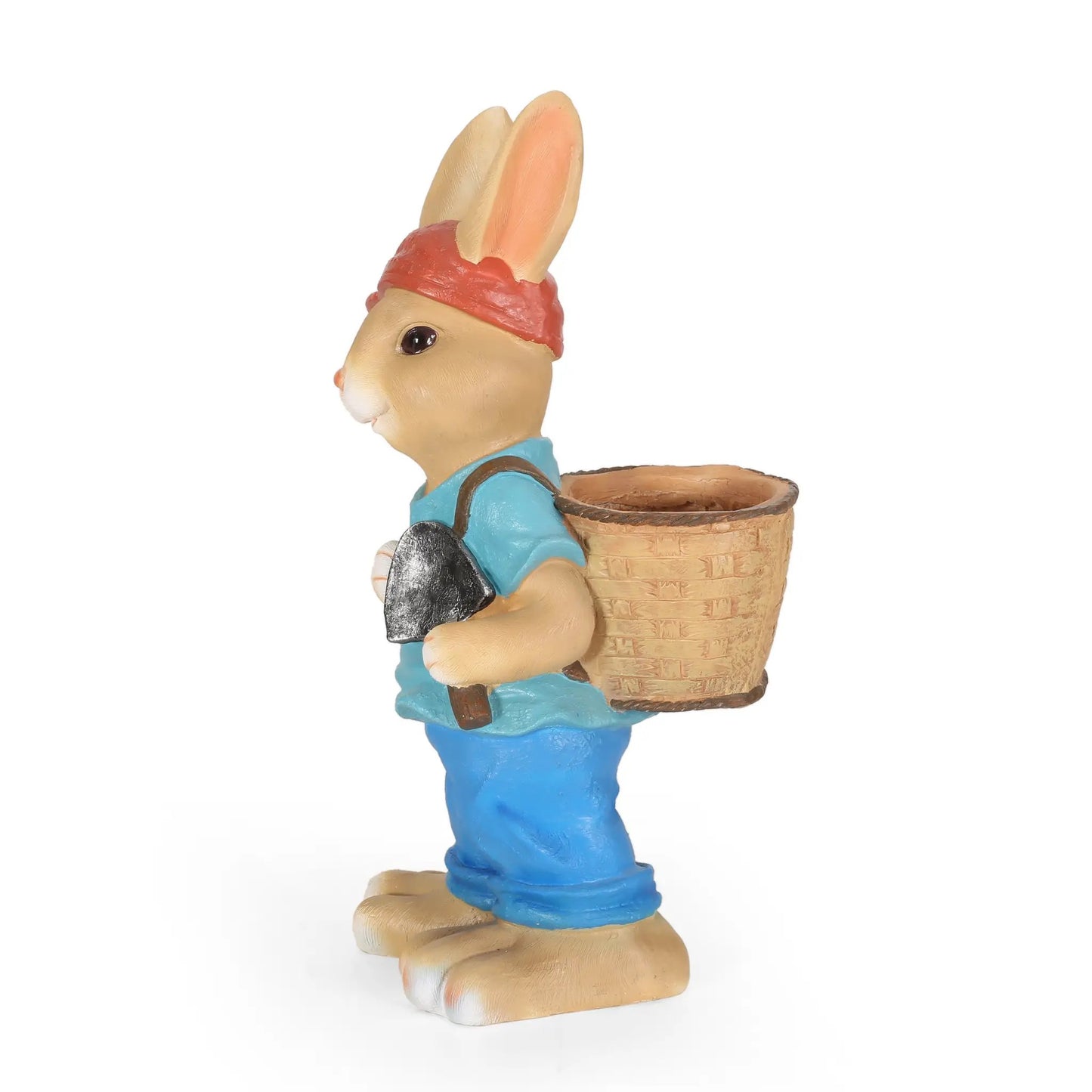 MGO Rabbit Planter in blue with brown woven basket on its back on Tampa Home & Garden Store