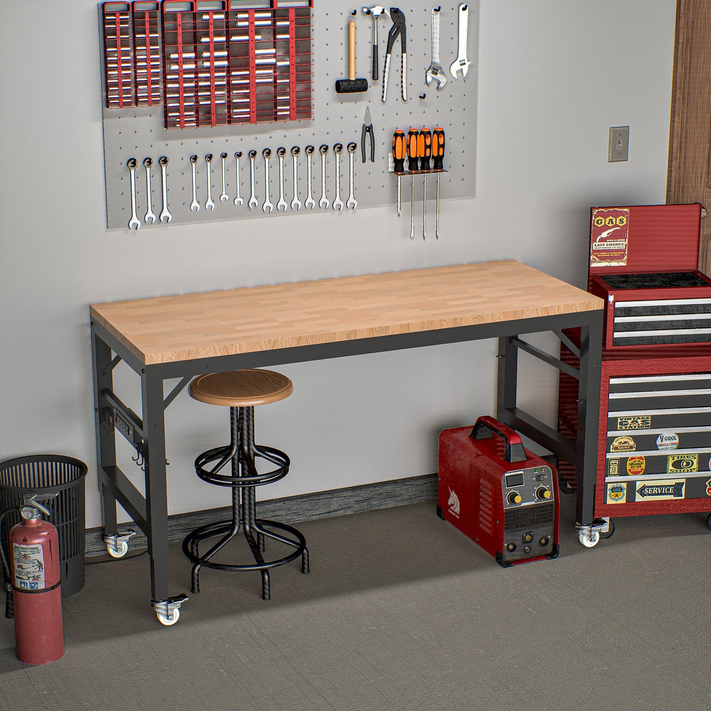 Établi de garage réglable de 152,4 cm, plan de travail robuste en bois d'hévéa avec prise de courant et roues, capacité de charge de 907,2 kg