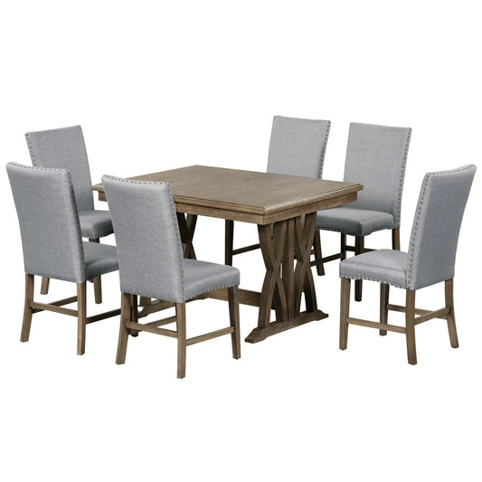 Mid Century Solid Wood Expandable Dining Table with 6 light gray upholstered chairs on Tampa Home & Garden Store