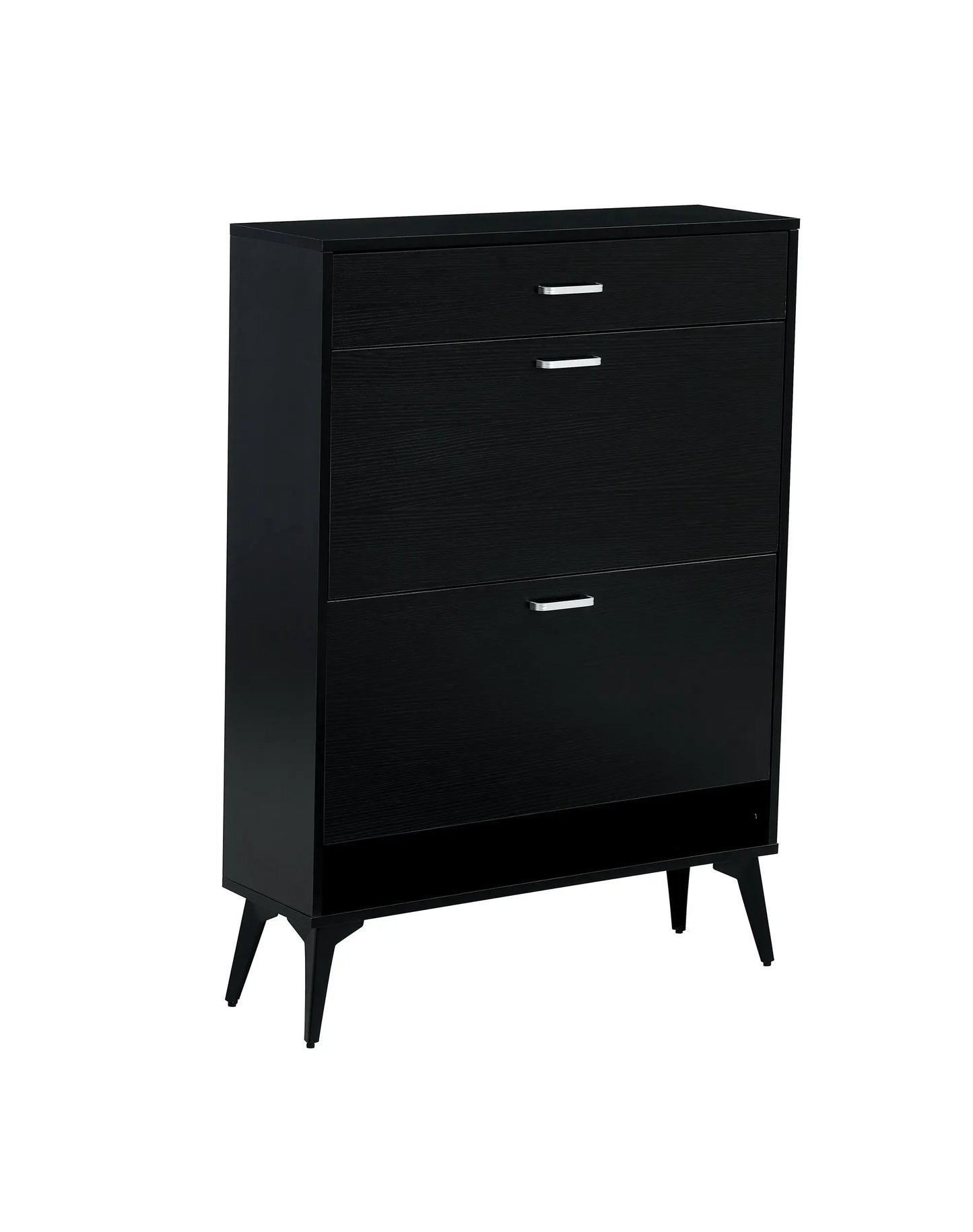 Black shoe cabinet with two drawers, silver handles, and slim angled legs in a wood-grain finish on Tampa Home & Garden Store