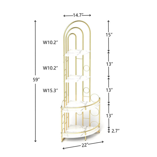 Gold 4-tier corner bookshelf with marble shelves and arched metal frame plant stand on Tampa Home & Garden Store