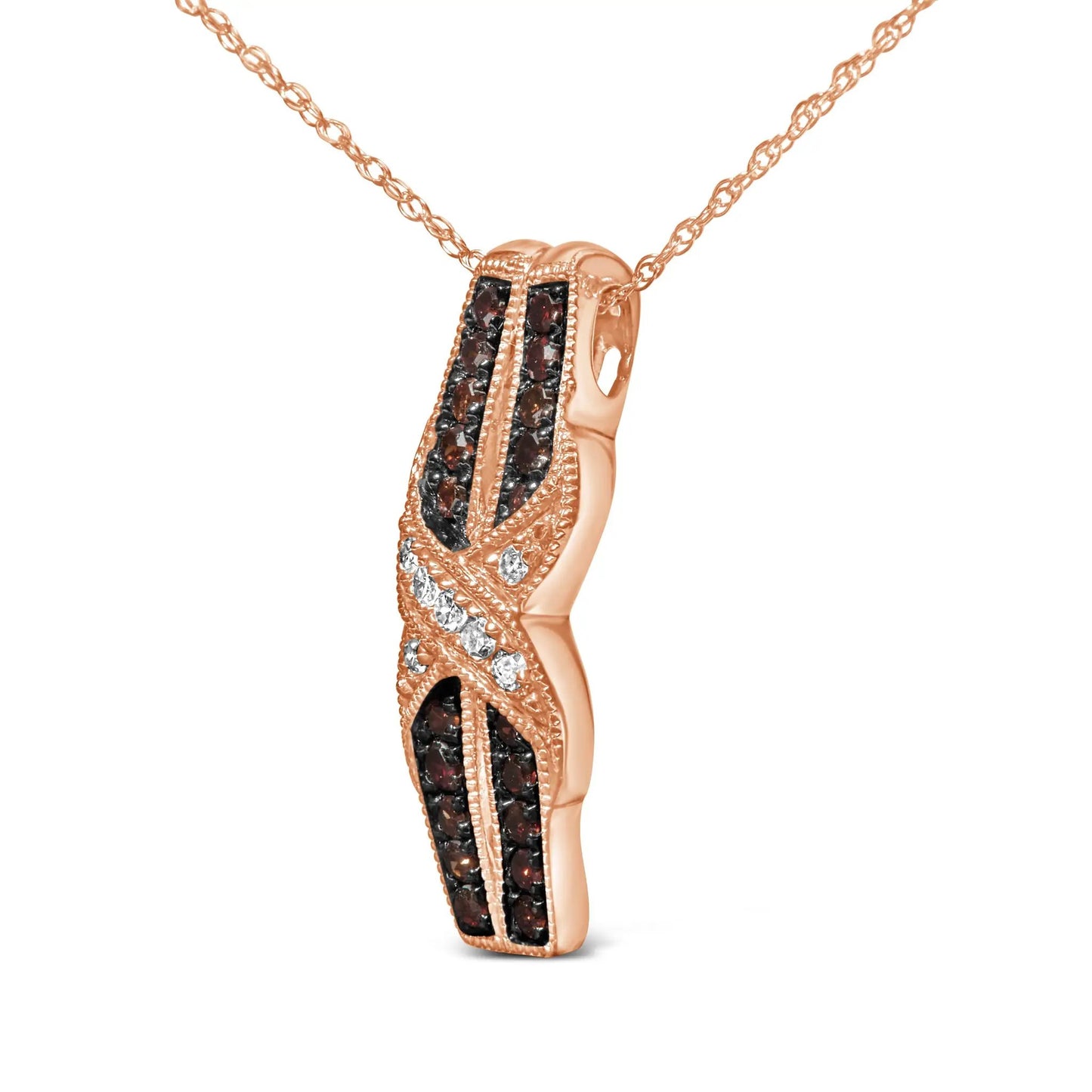 10K rose gold infinity twist necklace with red gemstones and pave diamonds on a rose chain on Tampa Home & Garden Store