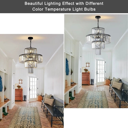 Black luxury crystal chandelier pendant light with tiered crystal prisms and black frame on Tampa Home & Garden Store