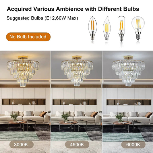 Gold Crystal Chandeliers 5-Tier Semi-Flush, gold finish with crystal tiers by VIP Digital Presence; 3000K–6000K lighting on Tampa Home & Garden Store