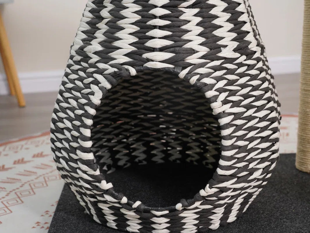 Petpals Ace Handwoven Cat Tree Boho Chic black/white rope weave with enclosed cave on Tampa Home & Garden Store