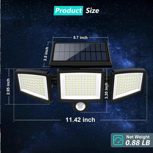 SunGlow solar flood light with 3 LED panels, black housing, landscape lighting on Tampa Home & Garden Store