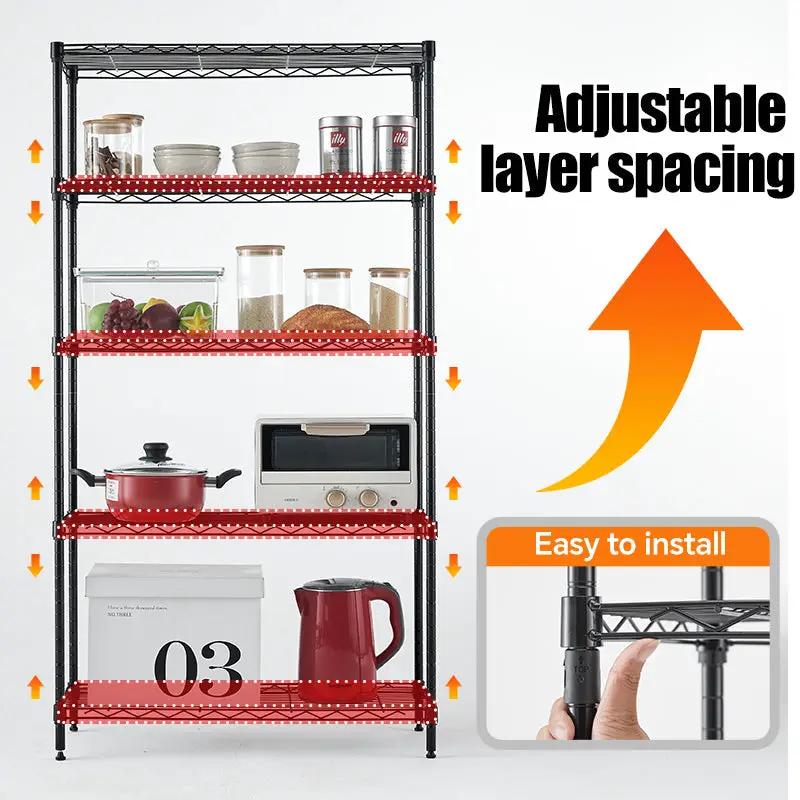 Wire Frame Adjustable Metal Storage Rack, black frame with red shelves, 5 tiers on Tampa Home & Garden Store