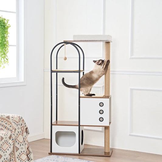 Cat Climbing Frame and Tree for Indoor Cats by VIP; black metal frame, beige top, sisal post on Tampa Home & Garden Store