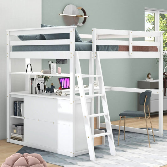 Full-size loft bed with built-in desk, shelves and drawers; white finish, ladder and study area on Tampa Home & Garden Store