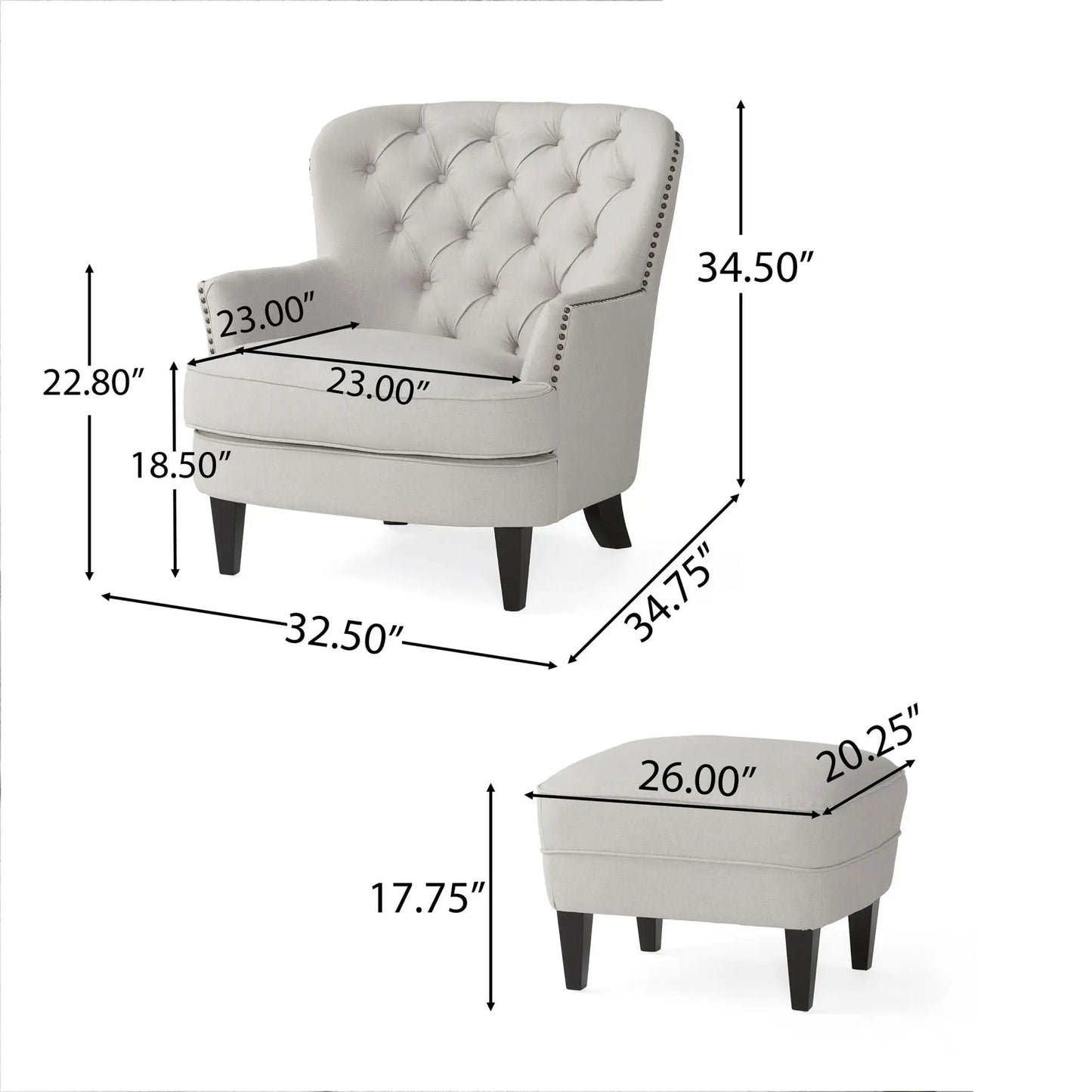 Light gray fabric club chair and ottoman set with tufted back and nailhead trim on Tampa Home & Garden Store