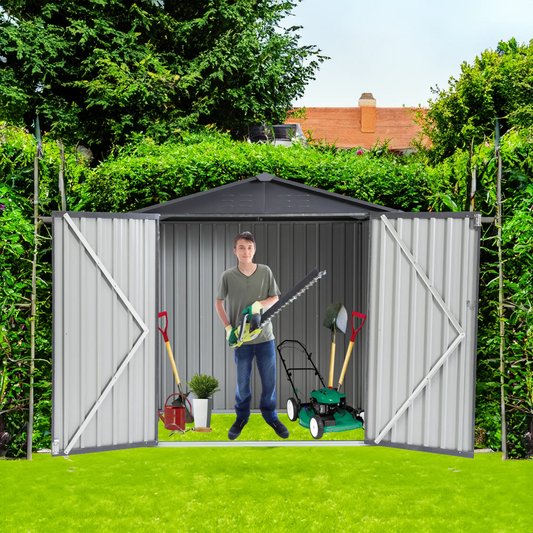 XWT014 Garden Metal Storage Shed gray 6x4x6ft with open doors and gardener in front on Tampa Home & Garden Store