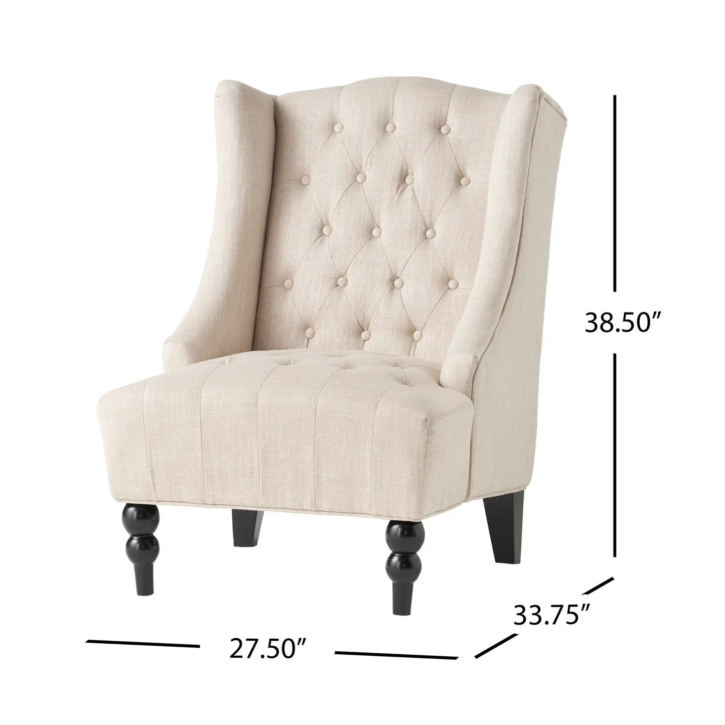 Light beige wood and fabric club chair with tufted back and dark wood legs on Tampa Home & Garden Store