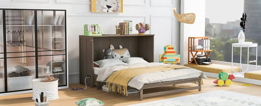 Queen Murphy Bed with Charge Station antique grey, dark wood cabinet, bed open with pillows on Tampa Home & Garden Store