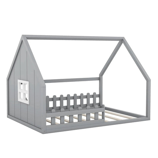 Full-size wooden house bed frame in gray with window panel and picket fence railing on Tampa Home & Garden Store