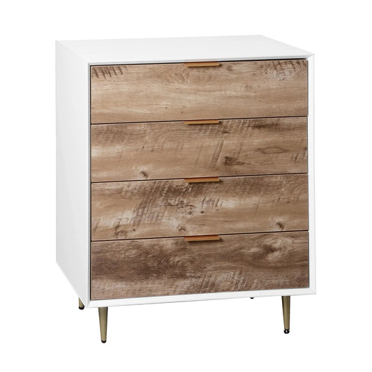 Tall 4-drawer dresser with white frame and natural wood fronts, gold pulls, tapered legs on Tampa Home & Garden Store
