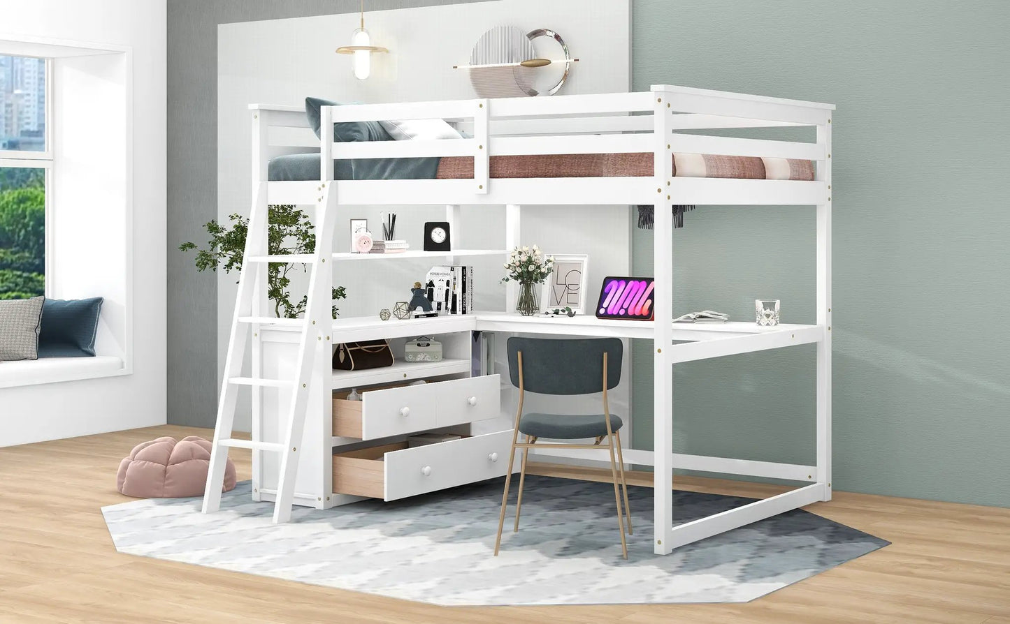 Cama alta de tamaño completo con escritorio y estantes, dos cajones incorporados Blanca