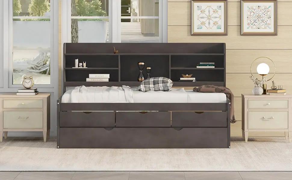 Twin captain bed with trundle and shelves in dark wood bed frame VIP Digital Presence on Tampa Home & Garden Store