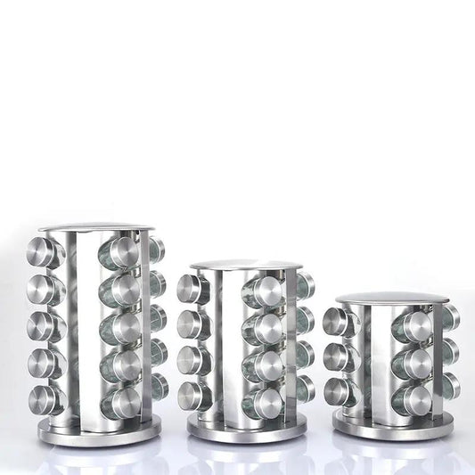 Rotating seasoning rack with 12 bottles, three stainless steel racks in brushed finish, three sizes shown on Tampa Home & Garden Store