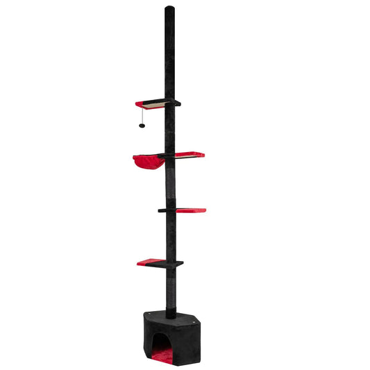 Floor to Ceiling Gothic Cat Tree 5-Tier black post with red platforms, condo, and hanging toy on Tampa Home & Garden Store