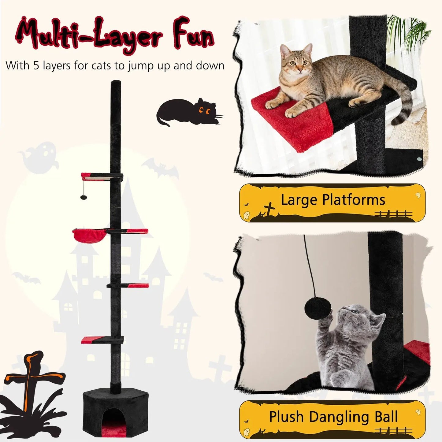 Floor-to-Ceiling Gothic Cat Tree 5-Tier Black with red platforms and condo base DirectDeals on Tampa Home & Garden Store