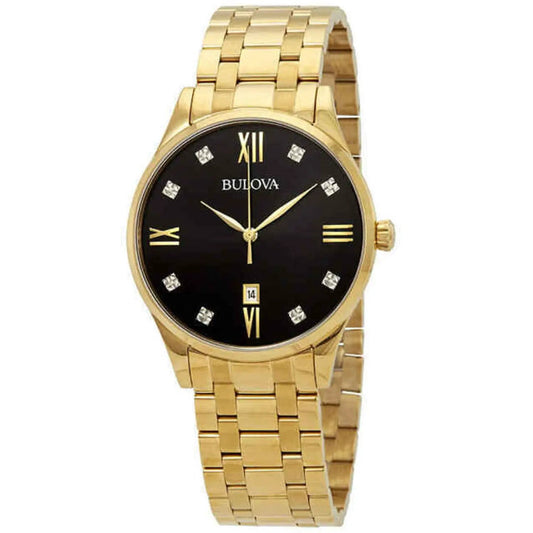 Bulova men's gold-tone steel watch with black dial, diamond markers, sapphire crystal on Tampa Home & Garden Store
