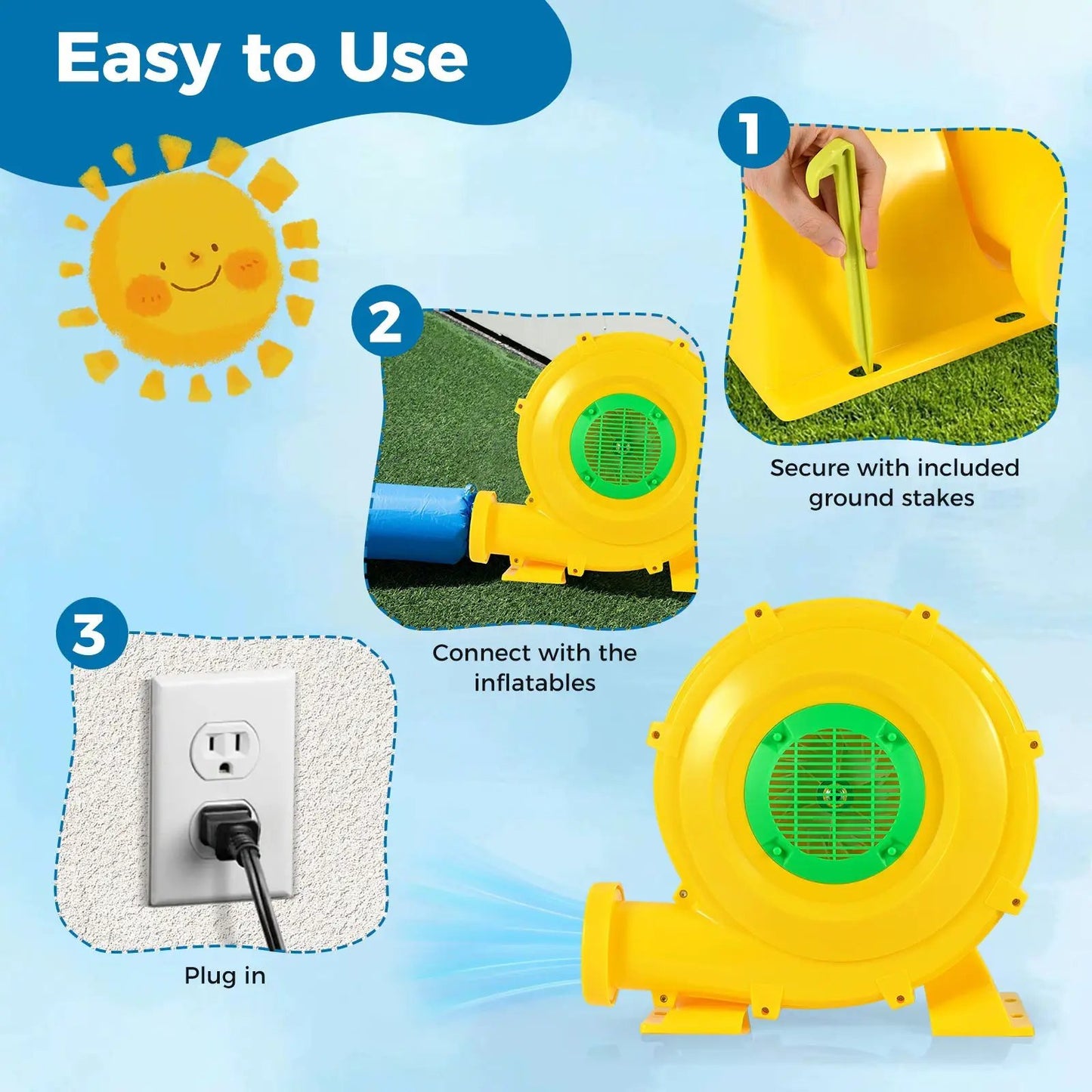 980W Bounce House Blower with green vent for inflation includes ground stakes and plug in on Tampa Home & Garden Store