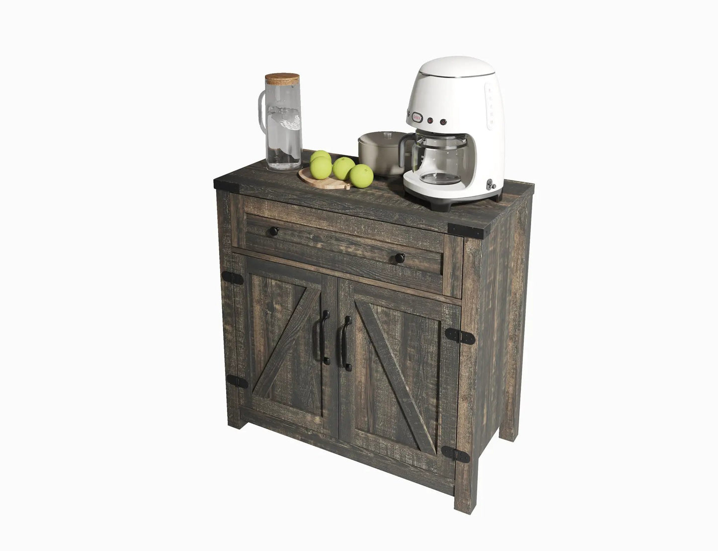 Modern Farmhouse Double Barn Door Accent Cabinet in rustic dark wood with black hardware on Tampa Home & Garden Store