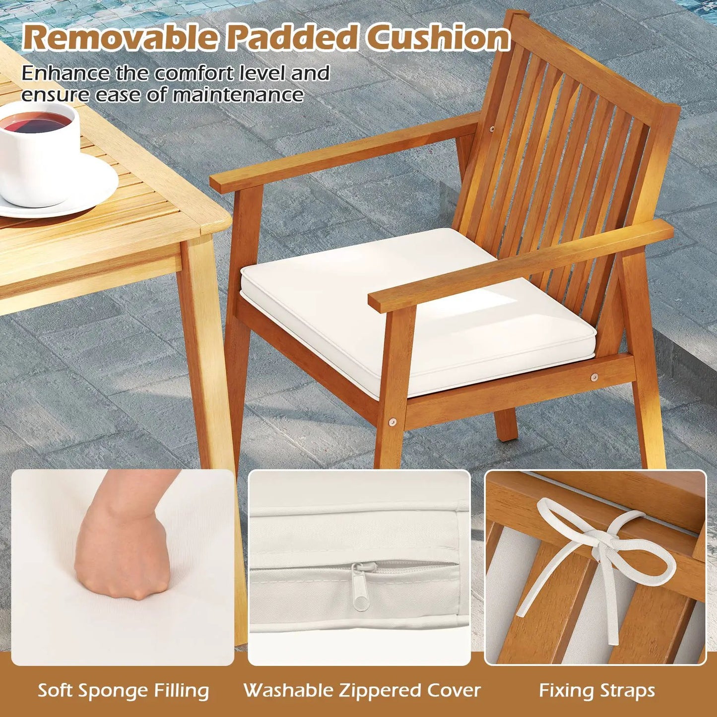 2-piece acacia wood patio dining chairs with white removable cushions on Tampa Home & Garden Store