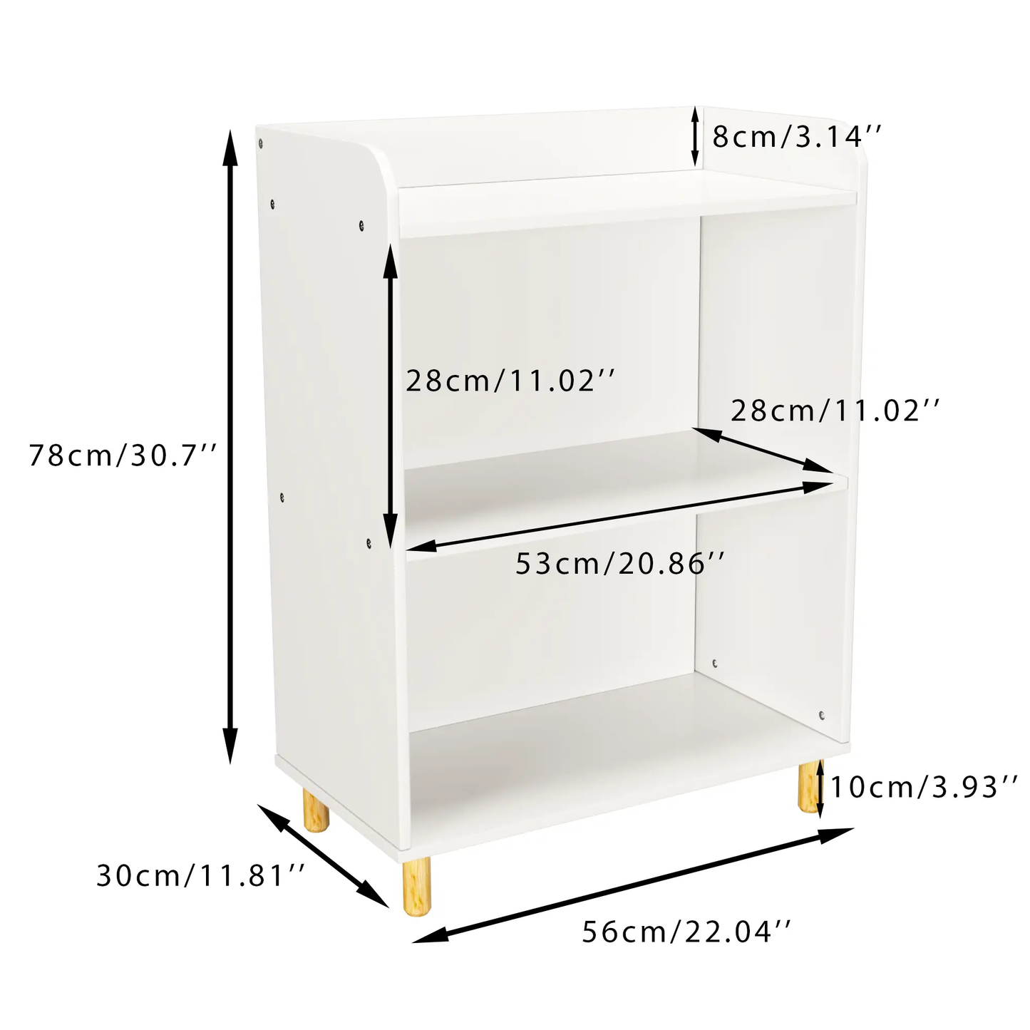 Kids 3-tier white bookcase with natural wood legs for children's room on Tampa Home & Garden Store