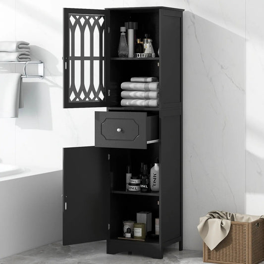 Tall black bathroom cabinet with drawer and doors showing towels and toiletries on Tampa Home & Garden Store