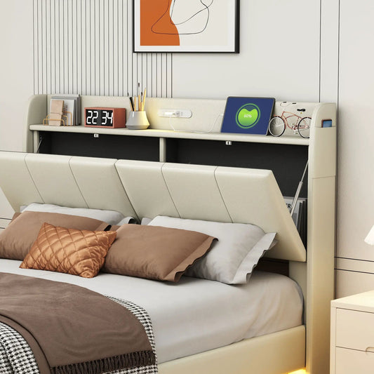 Queen Floating Bed Frame with Storage Headboard in beige upholstery with built-in shelf on Tampa Home & Garden Store
