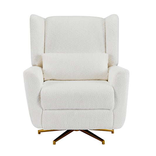 HouseOfZazla power recliner chair with white bouclΓ© upholstery and 360Β° swivel gold base on Tampa Home & Garden Store