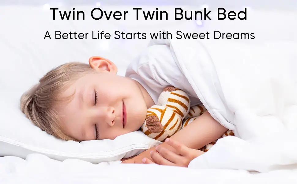 Twin Over Twin Bunk Bed With Ladders Guardrail sleeping child with plush tiger in white bedding on Tampa Home & Garden Store