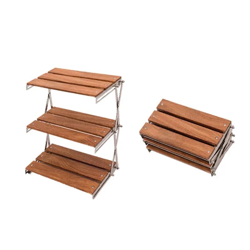 Three-layer foldable camping rack and table with wooden slats and metal frame, two units beside on Tampa Home & Garden Store