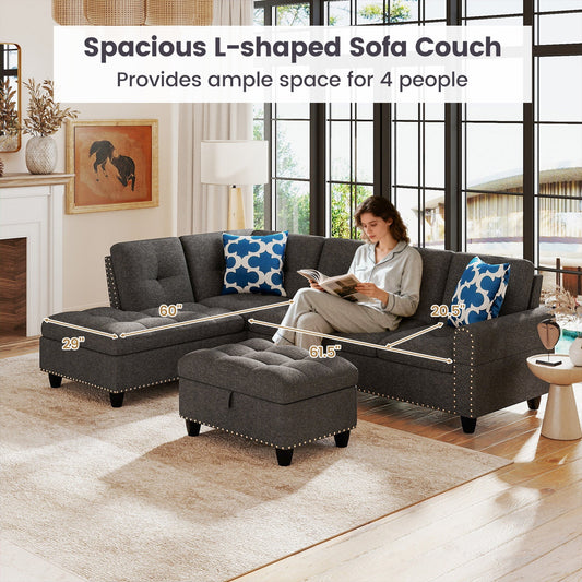 98 Inches Sectional Sofa Couch with Movable Storage Ottoman and Linen Fabric Backs - Tampa Home & Garden Store
