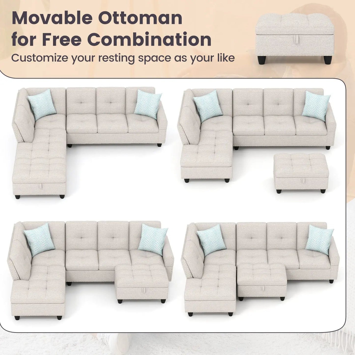 98-Inch linen sectional sofa with movable ottoman in beige fabric on Tampa Home & Garden Store