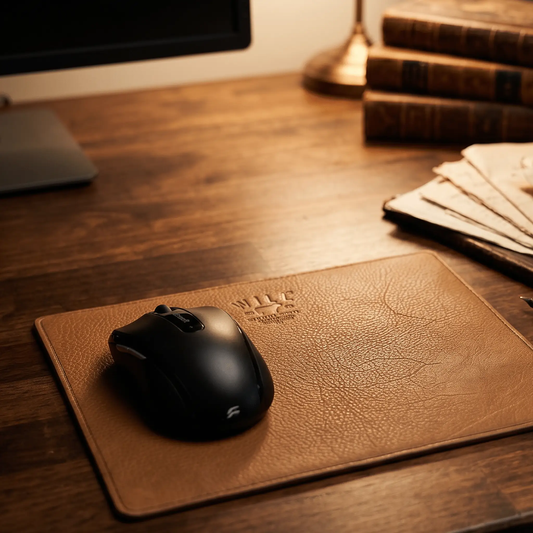 Leather mouse pad by Will Leather Goods in warm patina brown leather with textured grain on Tampa Home & Garden Store